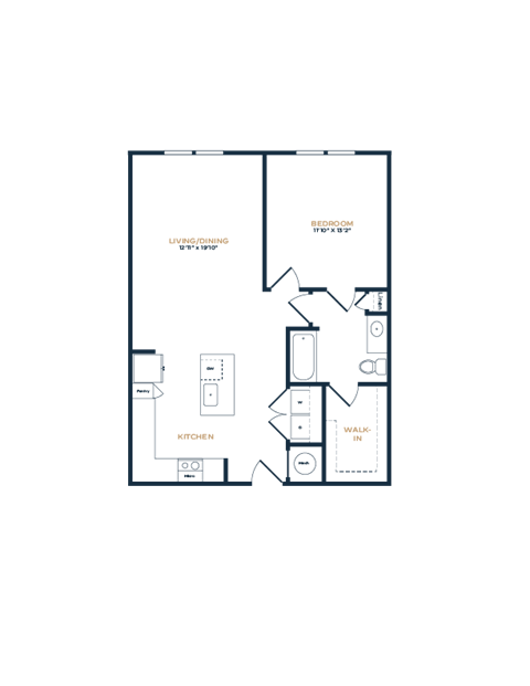 Floor plan for 1 bed, 1 bath, 848 sqft